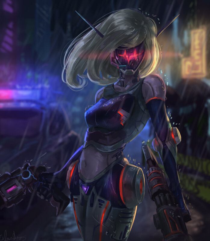 Female Cyborg Soldier — Purple, Dramatic, Night, Digital Art, Rain