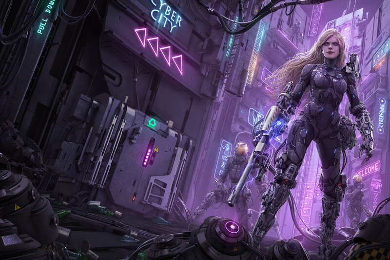 Female Cyborg Soldier — Purple, Dramatic, Night
