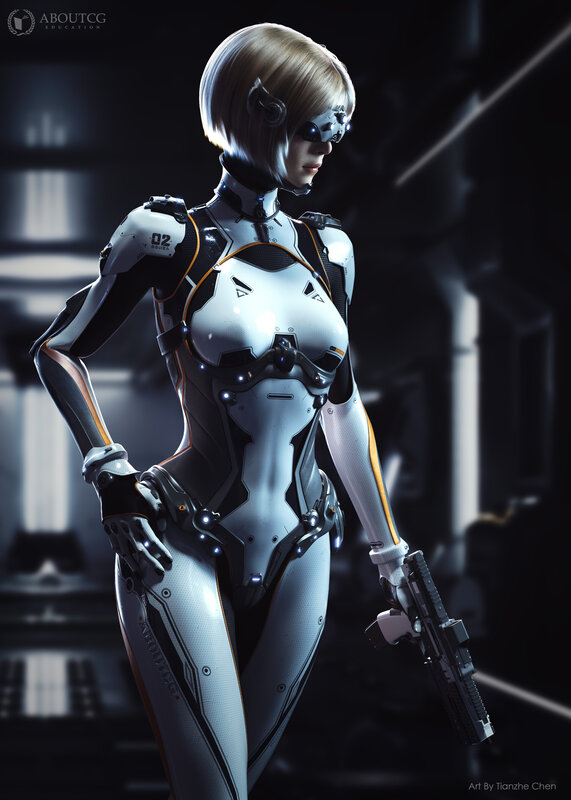 Female Cyborg Soldier — White, Dramatic, Digital Art, Gun