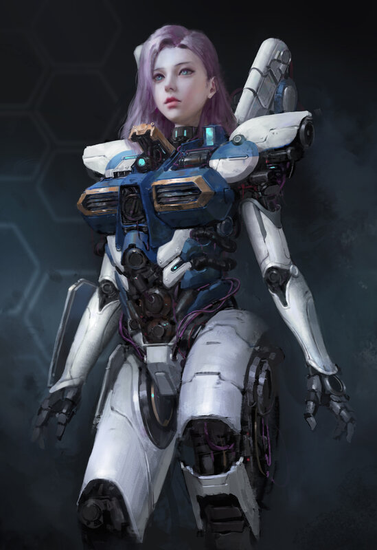 Female Cyborg Soldier — White, Dramatic, Digital Art