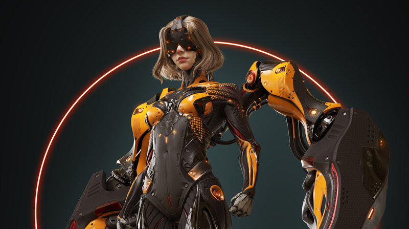 Female Cyborg Warrior — Black, Dramatic, 3d Render