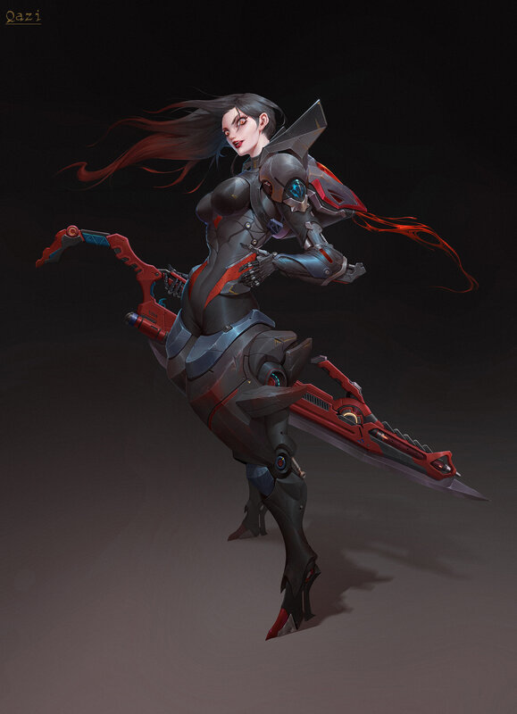 Female Cyborg Warrior — Black, Dramatic, Digital Art, Mechanical Armor, Red Weapon