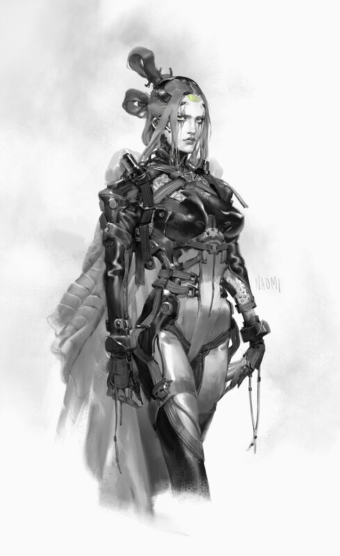 Female Cyborg Warrior — Black, Dramatic, Digital Art, Mechanical Armor