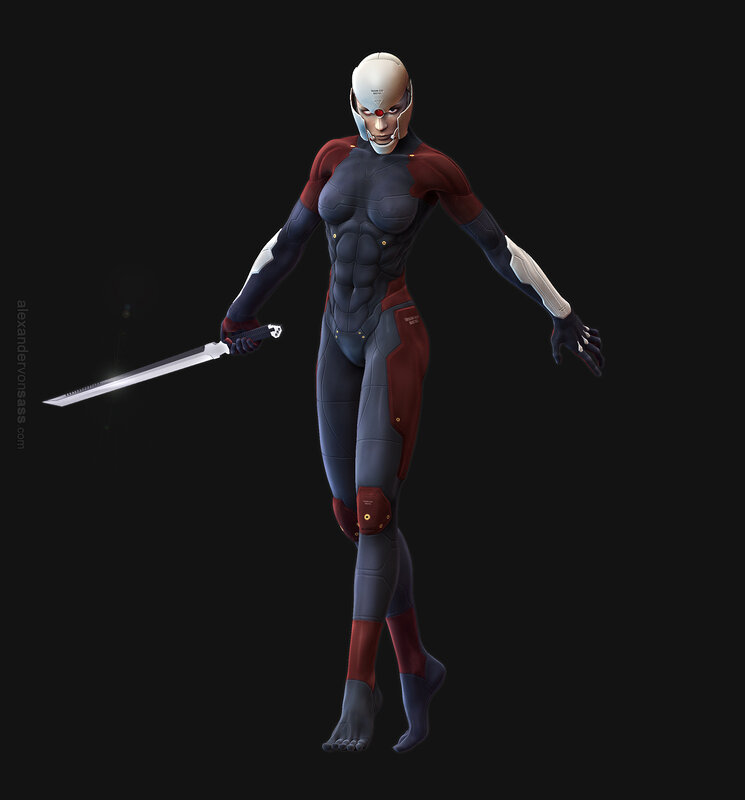 Female Cyborg Warrior — Black, Dramatic, Digital Art, Sword, Mask