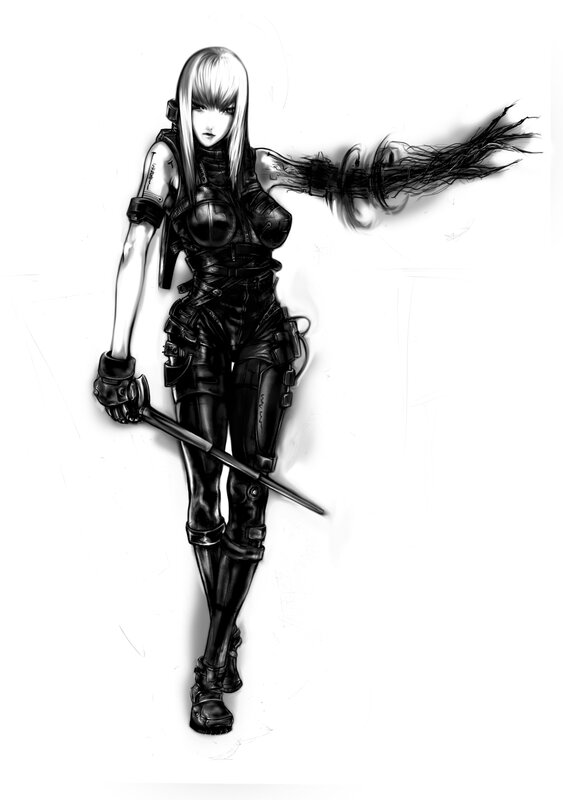 Female Cyborg Warrior — Black, Dramatic, Digital Art, Sword
