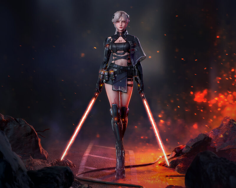 Female Cyborg Warrior — Black, Dramatic, Night, 3d Render