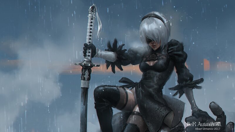 Female Cyborg Warrior — Black, Dramatic, Night, Digital Art, Sword, Rain