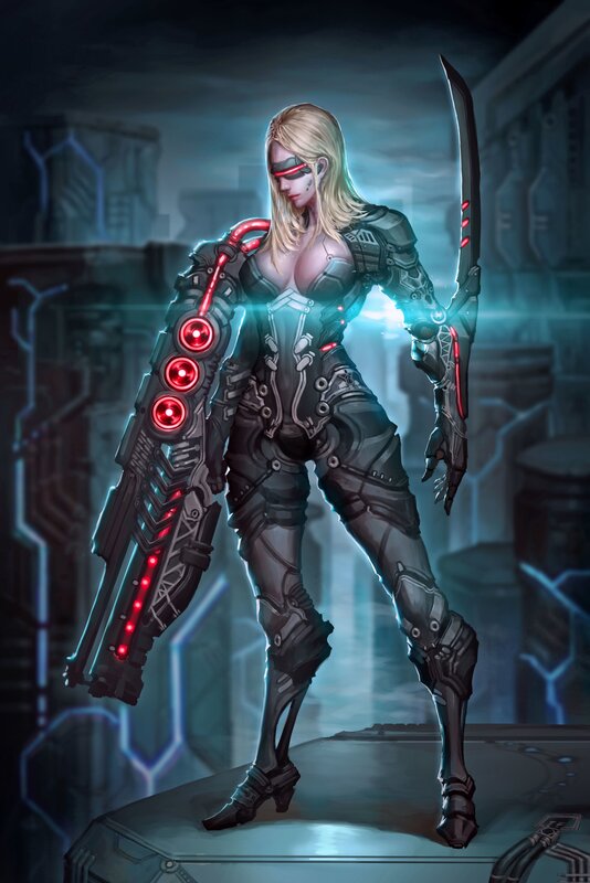 Female Cyborg Warrior — Black, Dramatic, Night, Digital Art, Sword