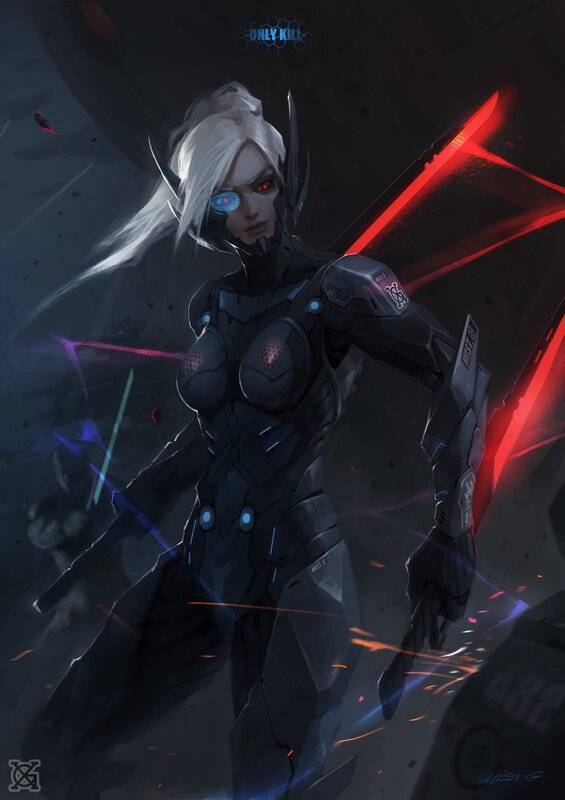 Female Cyborg Warrior — Black, Dramatic, Night, Digital Art