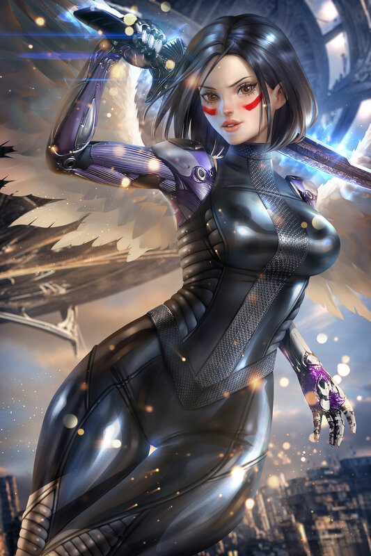 Female Cyborg Warrior — Black, Dramatic, Night, Digital Art, Wings