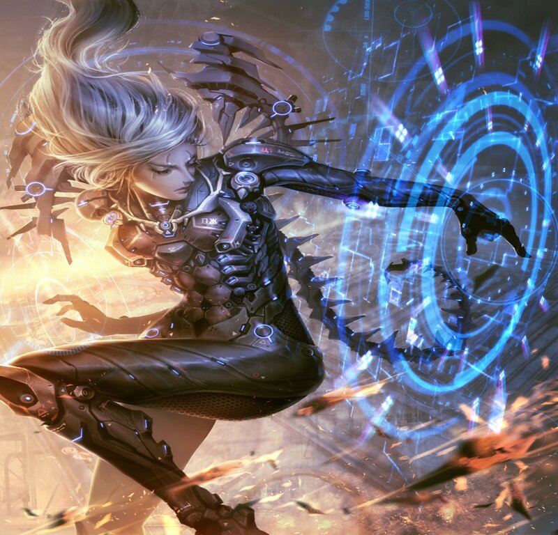 Female Cyborg Warrior — Blue, Dramatic, Digital Art