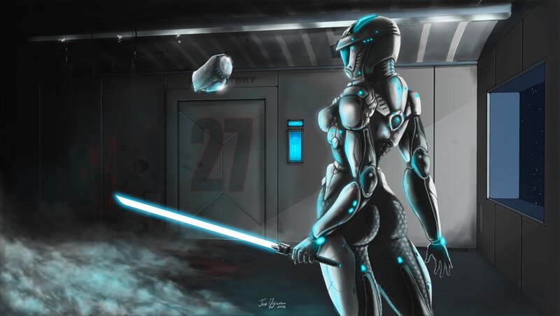 Female Cyborg Warrior — Blue, Dramatic, Night, Digital Art