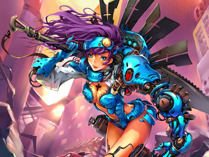 Female Cyborg Warrior — Blue, Dramatic
