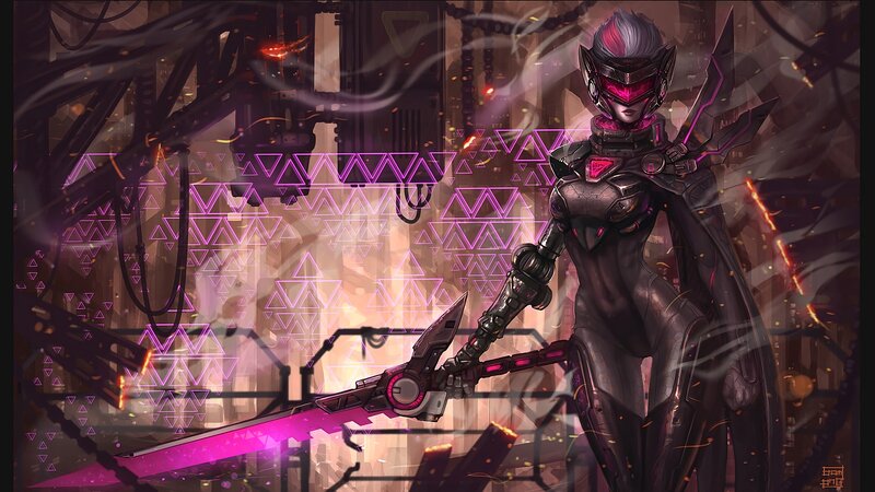 Female Cyborg Warrior — Purple, Dramatic, Digital Art