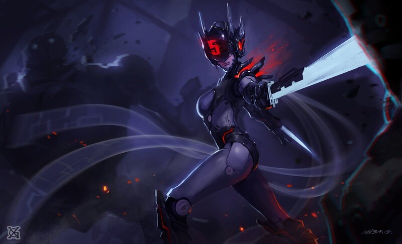 Female Cyborg Warrior — Purple, Dramatic