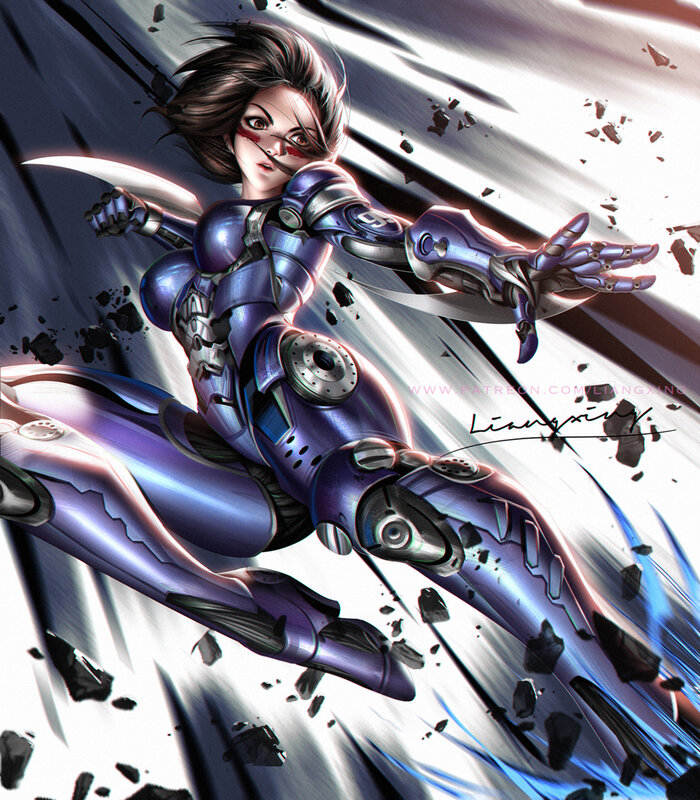 Female Cyborg Warrior — Purple, Dynamic, Intense