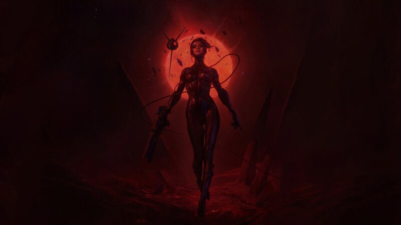 Female Cyborg Warrior — Red, Dramatic