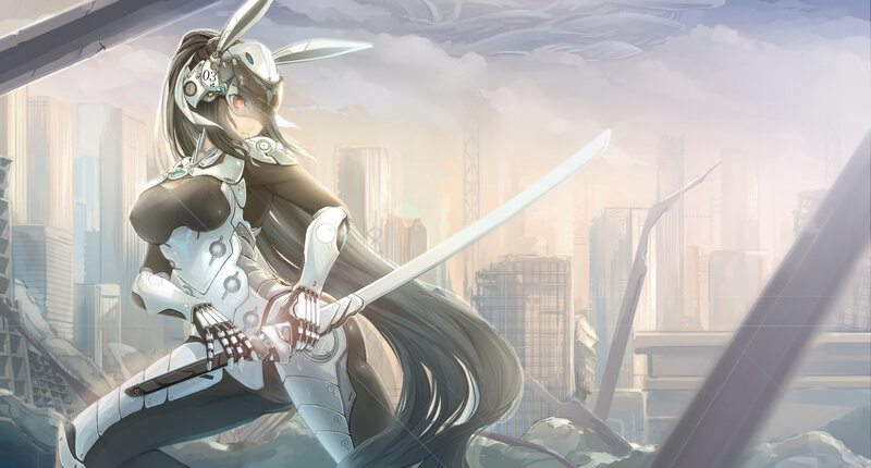Female Cyborg Warrior — White, Dramatic