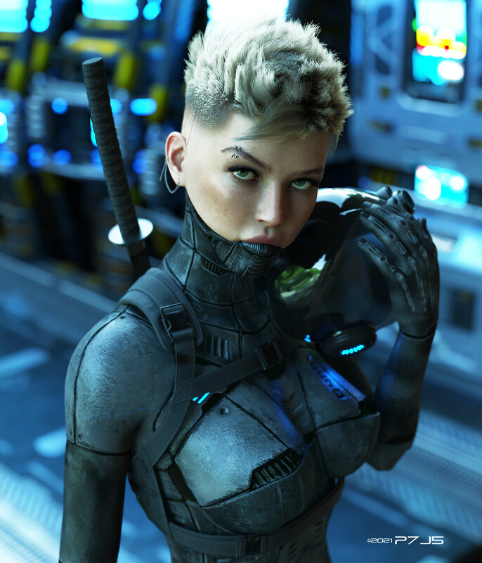 Female Cyborg with Sword — Blue