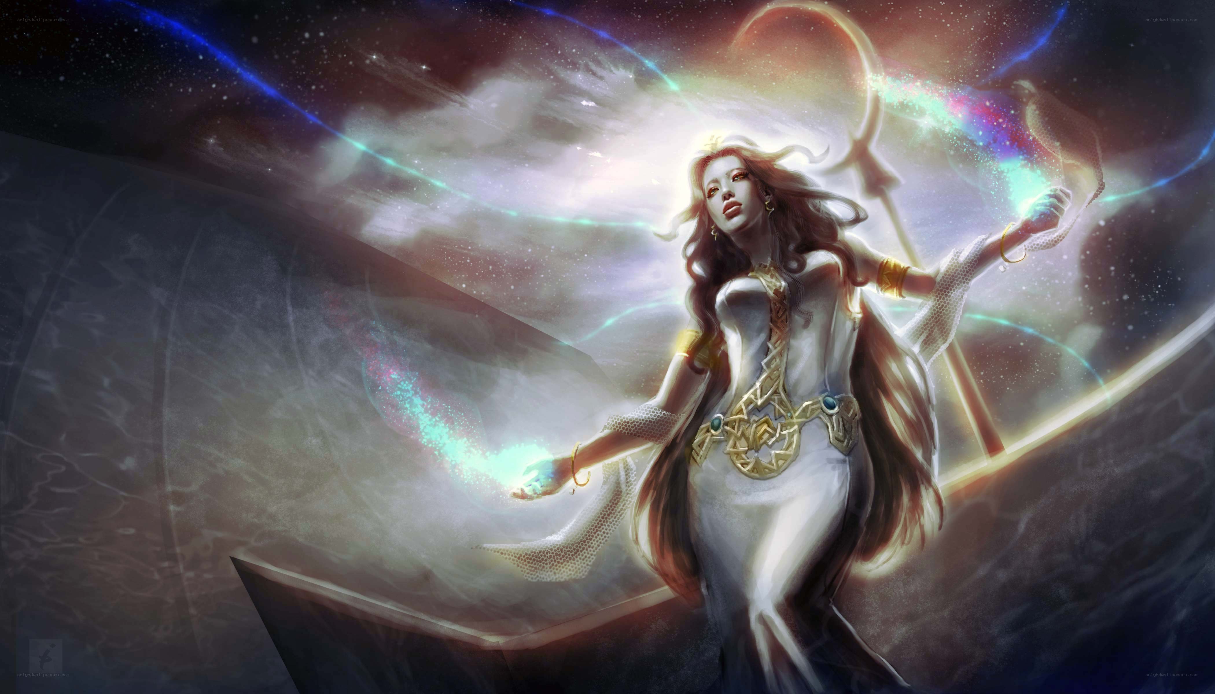 female deity with glowing staff
