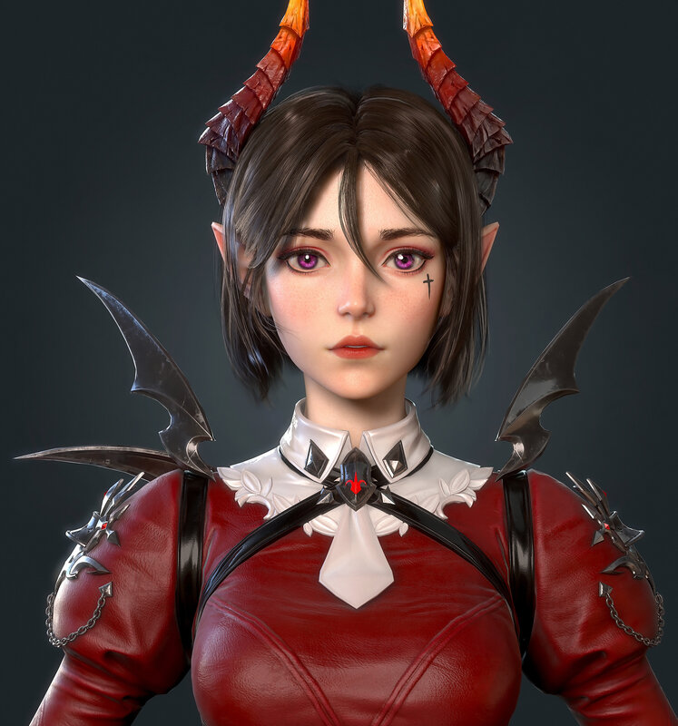 Female Demon Character — Red, Serious