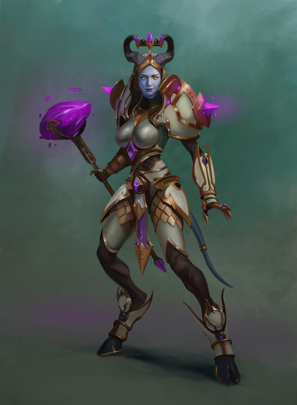Female Demon Warrior — Purple, Dramatic, Digital Art, Staff
