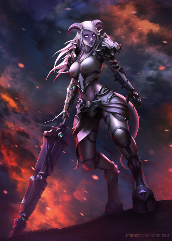 Female Demon Warrior — Purple, Dramatic, Night, Digital Art, Sword