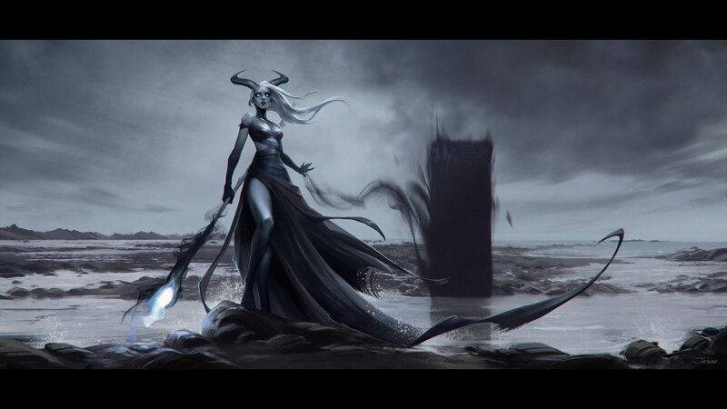Female Demon with Horns — Gray, Dramatic, Digital Art