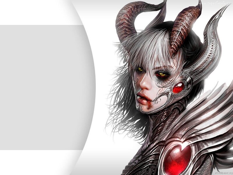 Female Demon with Horns — White, Dramatic, Digital Art