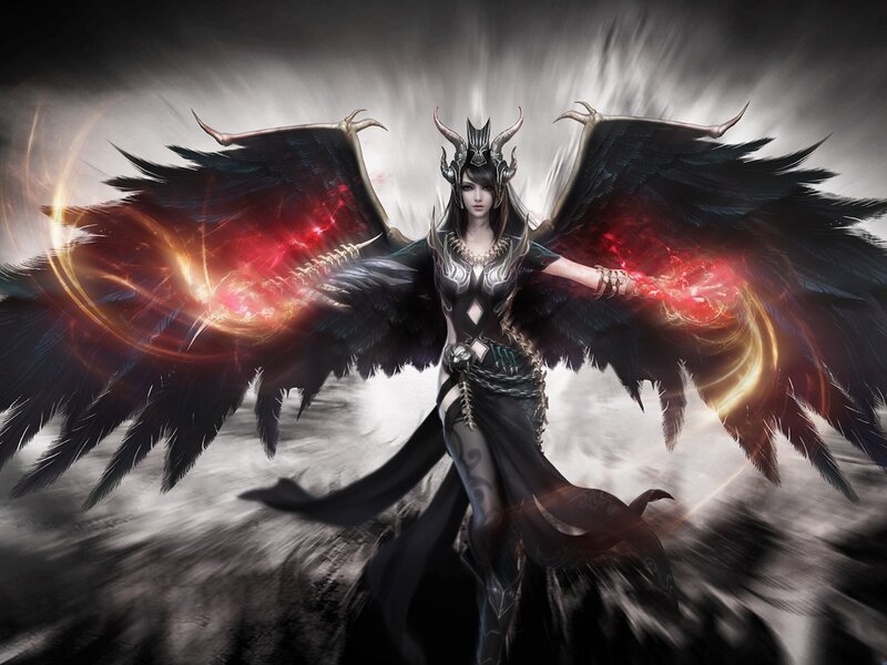 Female Demon with Wings — Black, Dramatic, Digital Art, Armor
