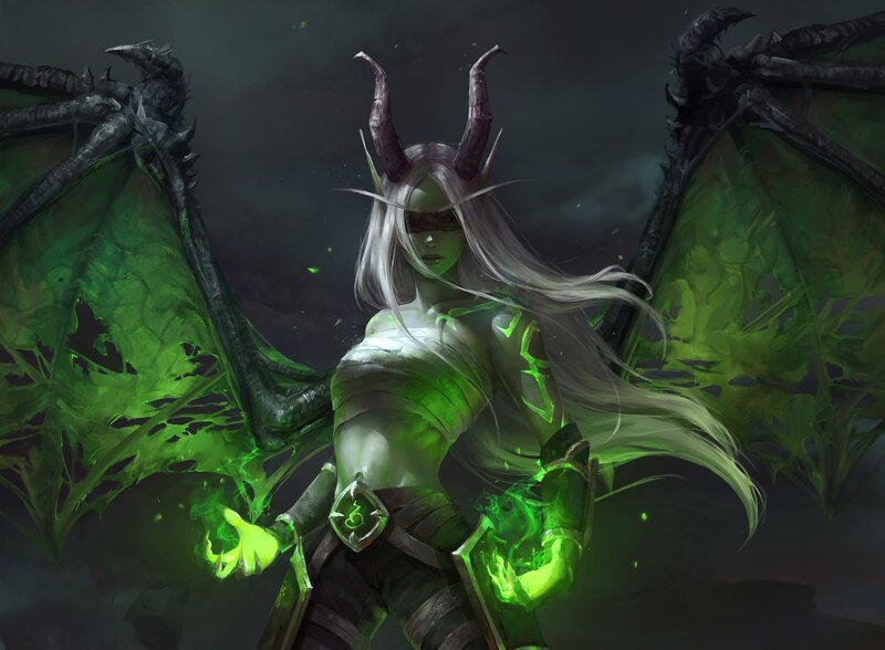 Female Demon with Wings — Green, Dramatic, Night, Digital Art