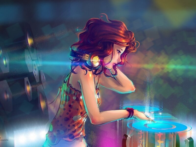 Female Dj at Turntables — Blue