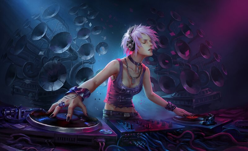 Female DJ at Turntables — Purple, Dramatic