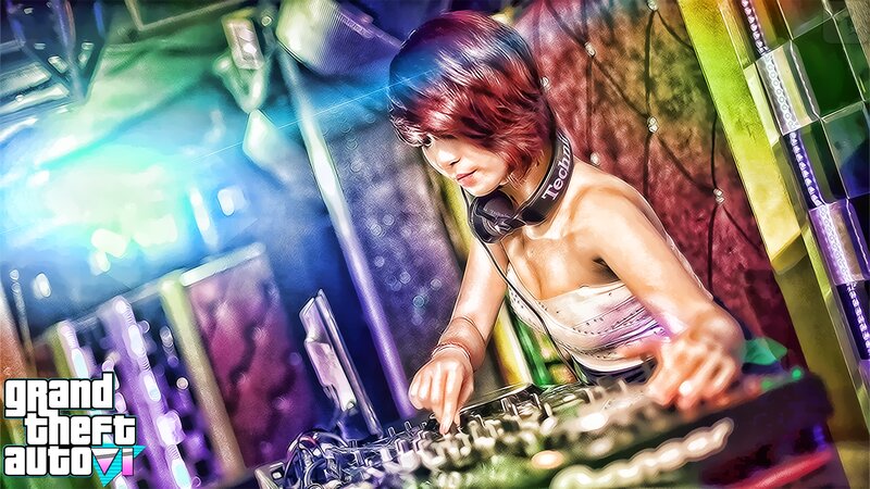 Female DJ at Turntables — Purple
