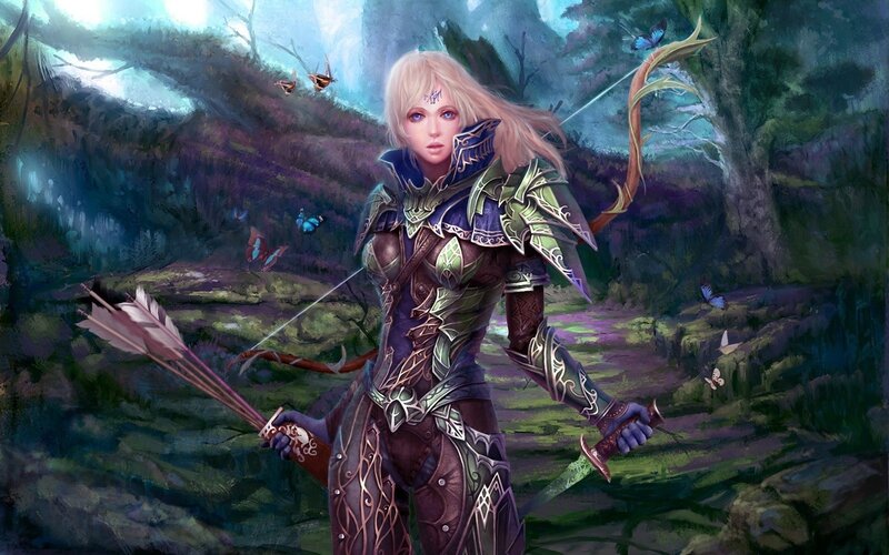 Female Elf Archer — Green, Dramatic, Night, Digital Art, Butterflies, Forest