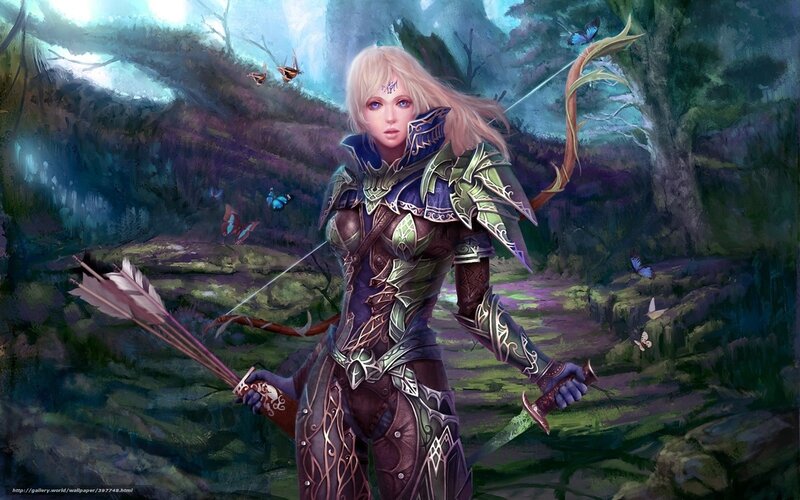 Female Elf Archer — Green, Dramatic, Night, Digital Art, Butterflies