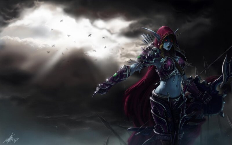 Female Elf Archer — Purple, Dramatic, Night, Digital Art, Dark Clouds, Arrow