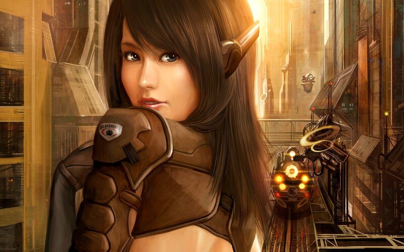 female elf in futuristic city