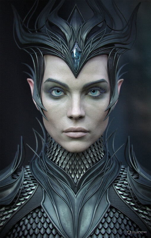 Female Elf Warrior — Black, Dramatic, Digital Art, Armor