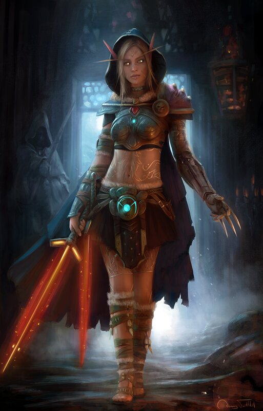 Female Elf Warrior — Blue, Dramatic, Night, Digital Art, Sword, Armor