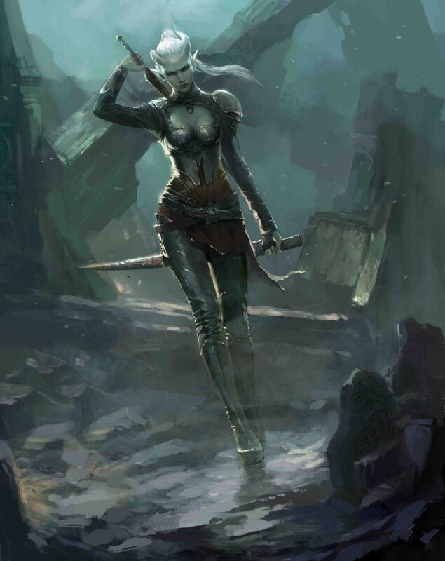 Female Elf Warrior — Green, Dramatic, Digital Art, Sword