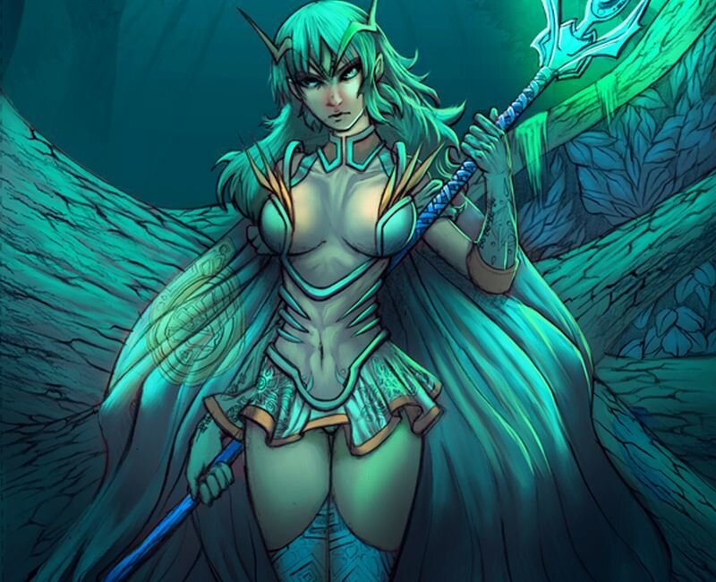 Female Elf Warrior — Green, Dramatic, Night