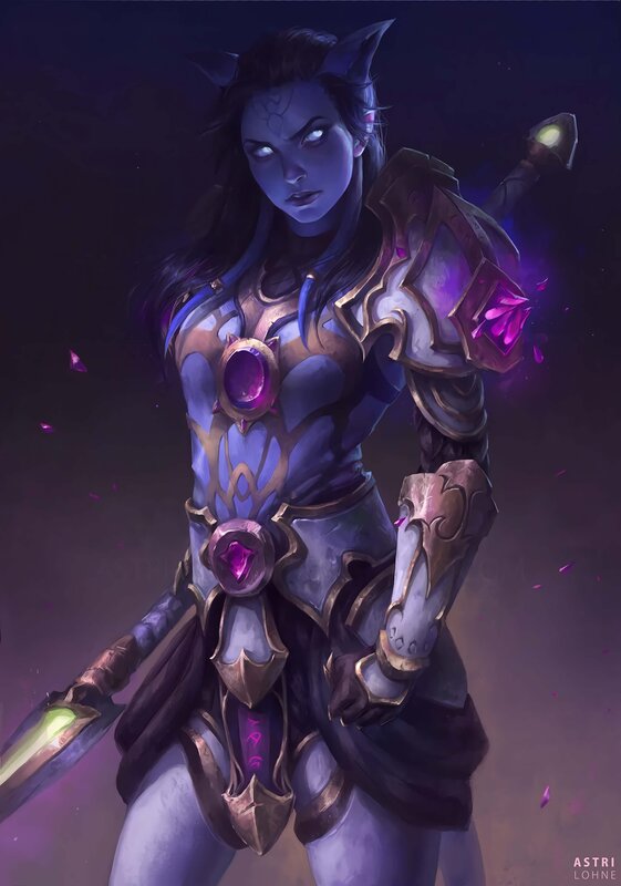 Female Elf Warrior — Purple, Dramatic, Night, Digital Art, Sword