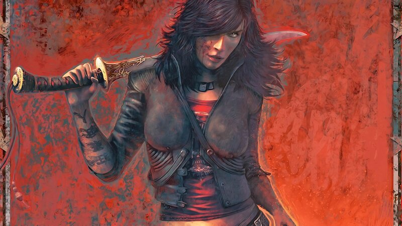 Female Elf Warrior — Red, Dramatic, Digital Art, Sword