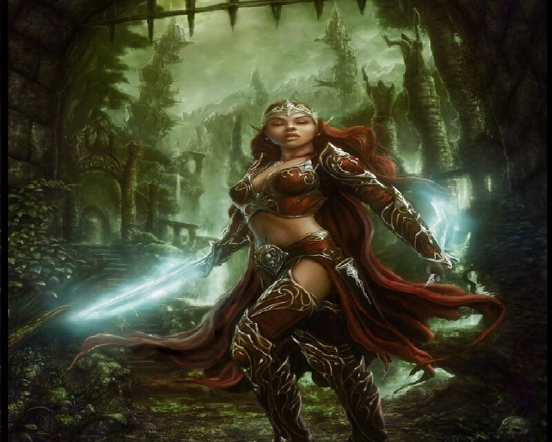 Female Elf Warrior — Red, Dramatic