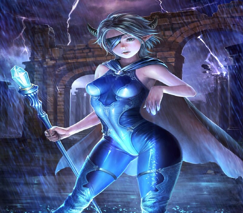 Female Elf with Staff — Blue, Dramatic, Night