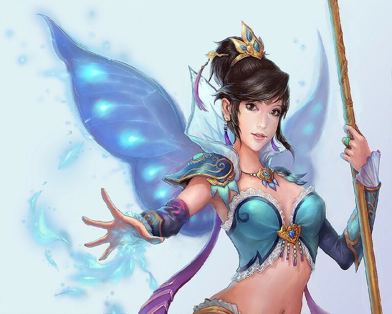 Female Fairy with Wings — Blue, Serene, Digital Art, Staff