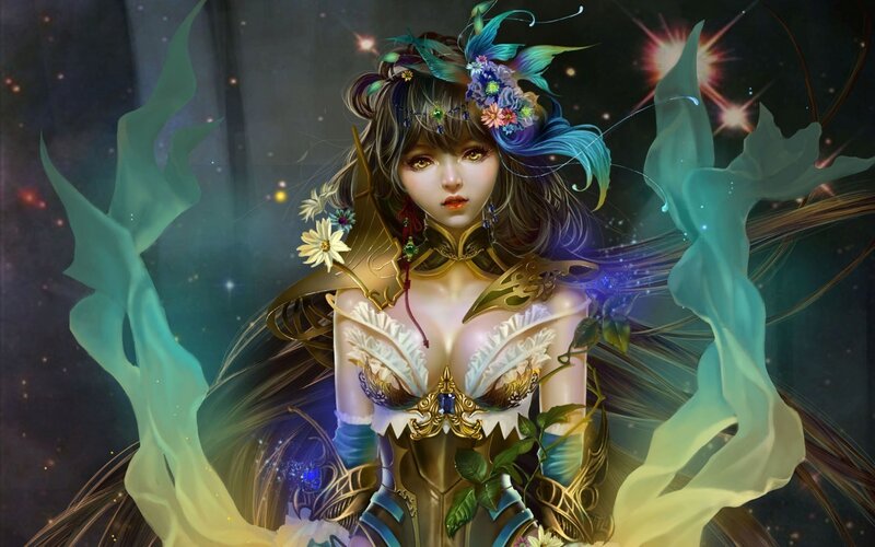 Female Fantasy Character — Blue, Dramatic, Night, Digital Art, Flowers