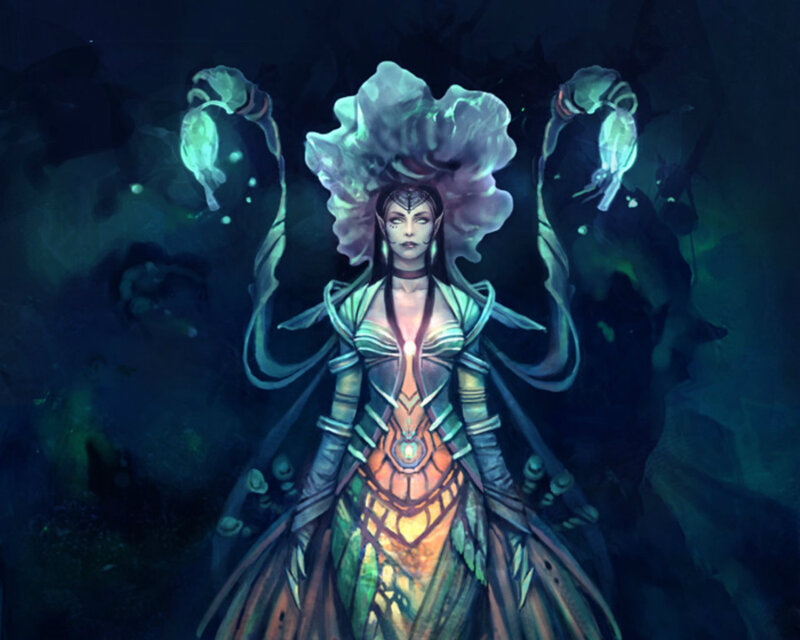 Female Fantasy Character — Blue, Dramatic, Night, Digital Art, Glowing Hands