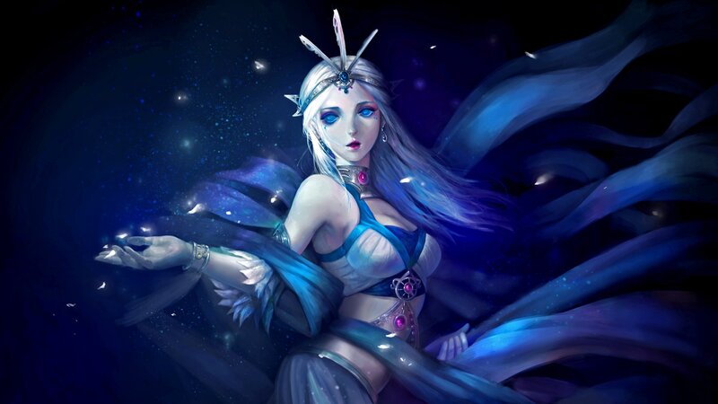 Female Fantasy Character — Blue, Dramatic, Night, Digital Art, Long Hair, Crown